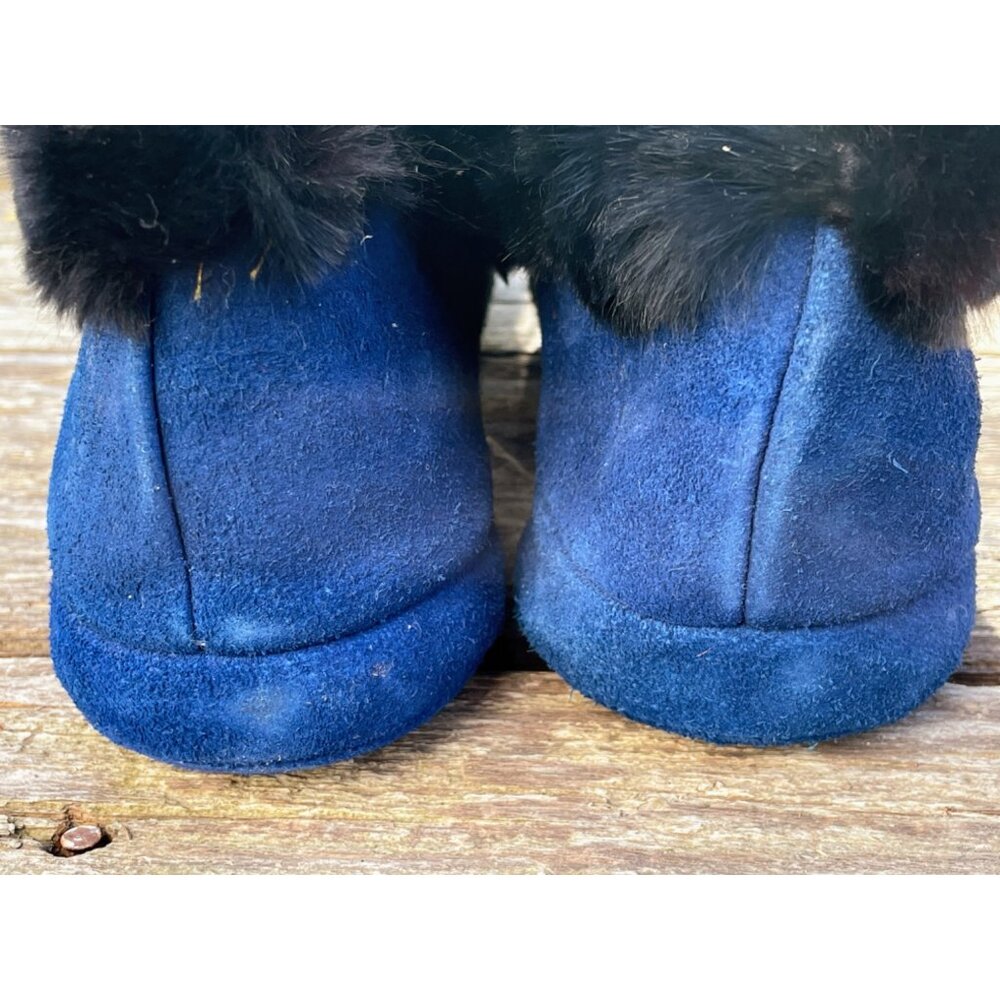 VIntage 1960s Canada Blue Red  Suede Fur Womens Moccasin Slipper Sz 8 - Picture 6 of 16